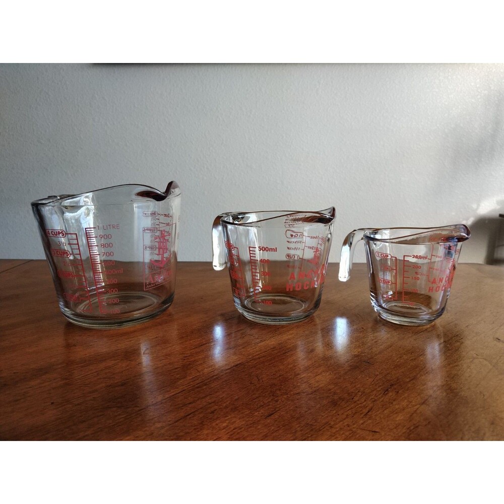 Set Of 3 Anchor Hocking Measuring Cup Open Handle - 1 Cup & 2 Cup & 4 Cup